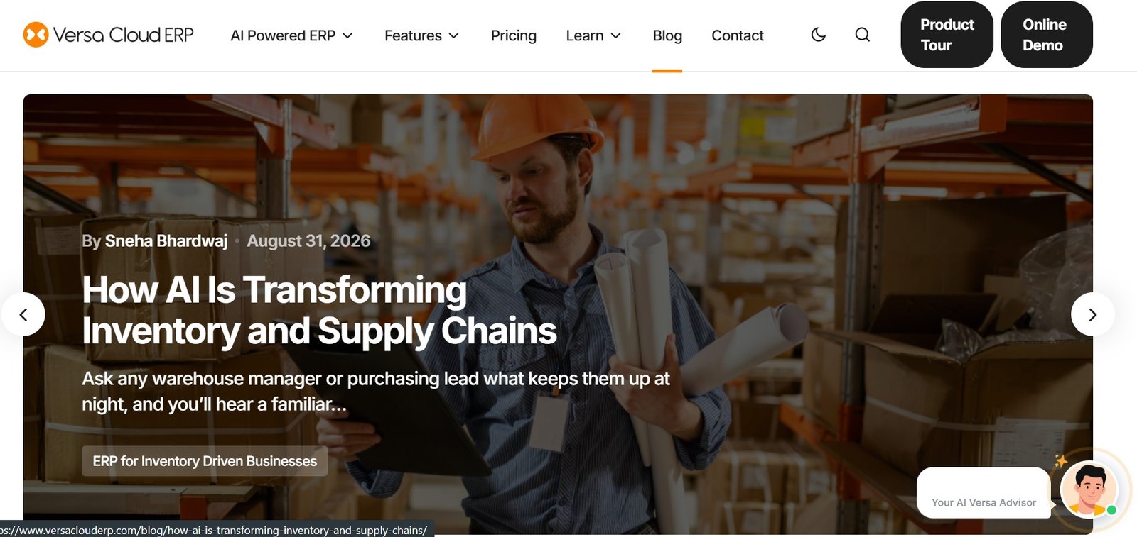 Versa Cloud ERP blog page